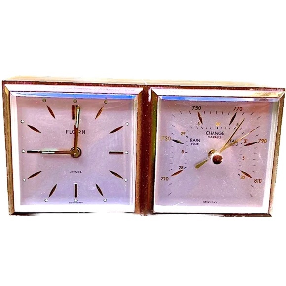 Florn solid brass  vintage  50s alarm clock and barometer  Very Rare  ex.cond. - Picture 1 of 8
